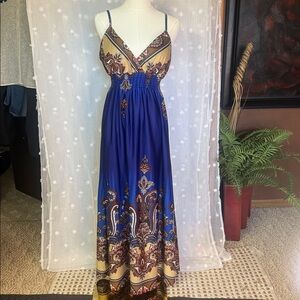 Elegant Blue and Brown Maxi Dress